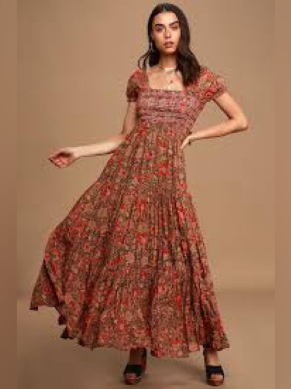 Free People Getaway Red Floral pleated tiered maxi dress